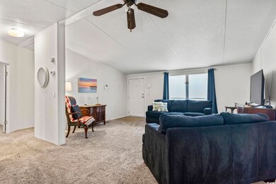 Living room featuring lofted ceiling, ceiling fan,