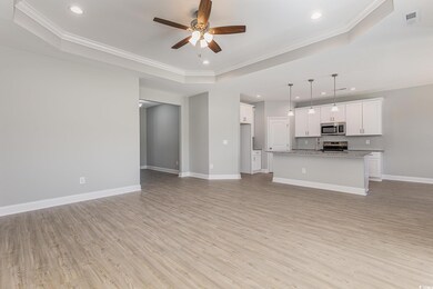 Unfurnished living room with light wood-type flooring, a raised ceiling, and crown molding