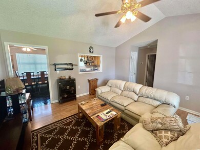 Living room with a ceiling fan, wood finished floors, vaulted ceiling, and a textured ceiling