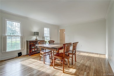 Dining room featuring light wood-type flooring, pl