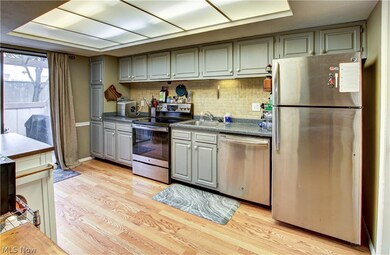 Kitchen featuring appliances with stainless steel finishes, gray cabinets, backsplash, light hardwood / wood-style floors, and sink