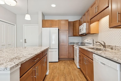 Higher end carmel colored cabinetry with soft close & pull out shelving.