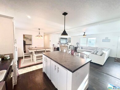 Kitchen featuring white cabinetry, pendant lighting, open floor plan, dark wood-style floors, and a kitchen island