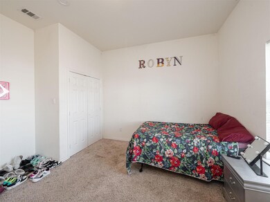 Carpeted bedroom featuring a closet