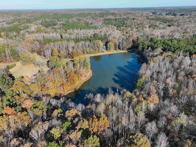 Aerial view of property's location featuring a heavily wooded area and a nearby body of water