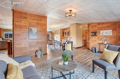 Living room with wooden walls, light wood-type flo