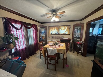 Carpeted dining area with crown molding, ceiling fan, and a textured ceiling