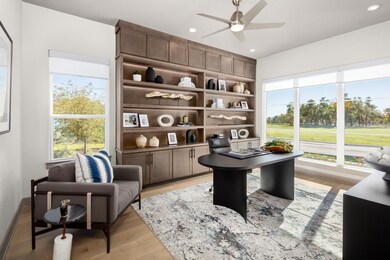 Home office featuring a ceiling fan, healthy amou