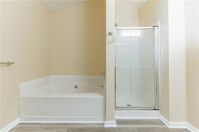 Primary bathroom with deep soaking tub and a separate shower stall