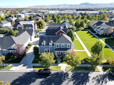 Aerial view of residential area with mountains