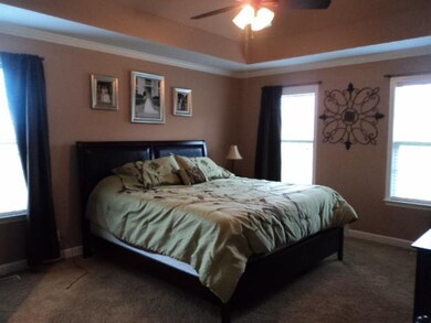 The Master Bedroom has vaulted trey ceiling and ceiling fan.  