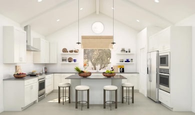 Kitchen with island, pendant lighting, optional white painted ceiling beams and open shelving