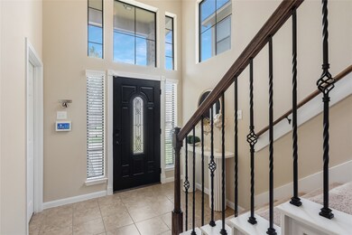 Well lit entrance with dark-wood finished door and