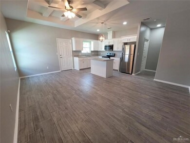 Kitchen featuring stainless steel appliances, a sink, dark wood-style flooring, a center island, and ceiling fan