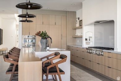 Kitchen with light brown cabinetry, a kitchen breakfast bar, appliances with stainless steel finishes, and a sink