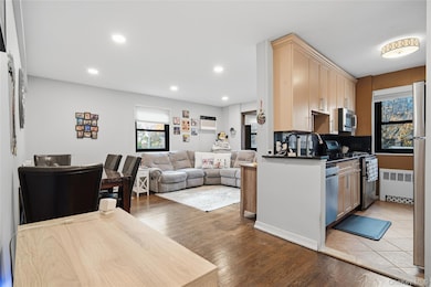 Kitchen featuring open floor plan, appliances with stainless steel finishes, light wood-style floors, radiator, and recessed lighting