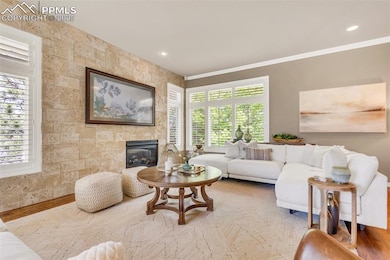 Living room with crown molding, a large fireplace, and recessed lighting