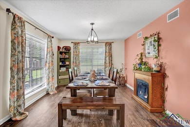 Dining space featuring baseboards, wood finished floors, a textured ceiling, and a glass covered fireplace