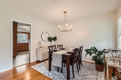 Dining area featuring wood finished floors, a chan