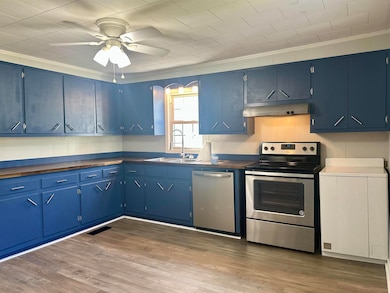 Kitchen with blue cabinetry, appliances with stainless steel finishes, crown molding, and light wood-type flooring
