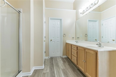 Primary Bathroom with double vanity, a spearate shower and lots of storage cabinets