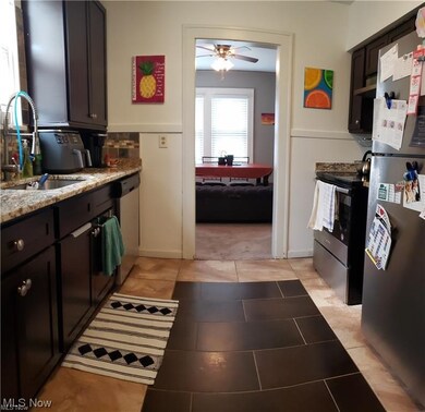 Kitchen featuring sink, dark brown cabinetry, stainless steel appliances, ceiling fan, and light carpet