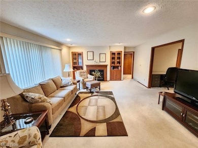 Carpeted living room with a textured ceiling