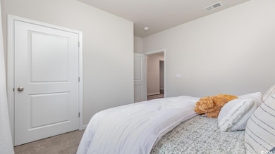 Bedroom with light colored carpet