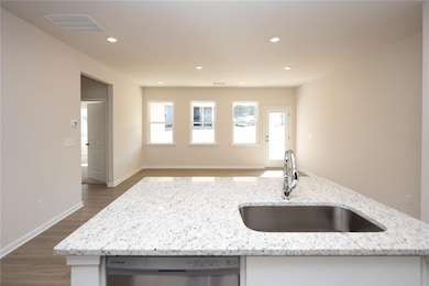 Kitchen with a sink, dishwasher, light stone countertops, dark wood-style flooring, and recessed lighting