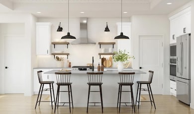 Kitchen with pendant lighting and floating shelves