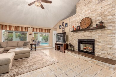 Stunning stacked rock fireplace.