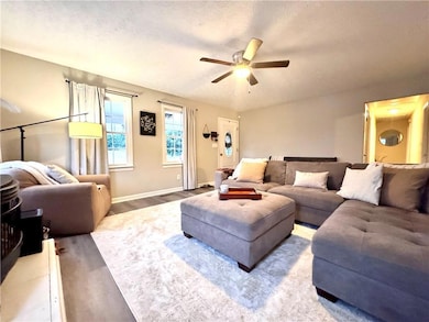 Living room featuring wood finished floors, a ceiling fan, and a textured ceiling