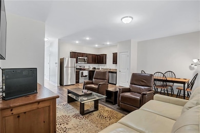 Living area with dark wood-type flooring and recessed lighting