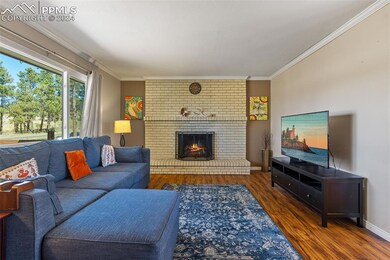 Living room featuring a brick fireplace, dark hard
