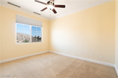 Carpeted empty room featuring crown molding, baseb