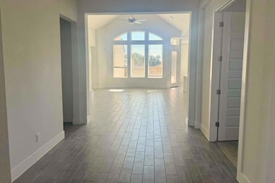 Hallway with lofted ceiling and dark wood-type flooring