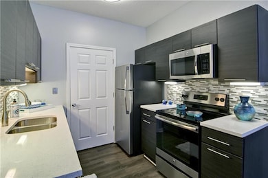 Kitchen featuring dark wood-type flooring, sink, backsplash, and stainless steel appliances