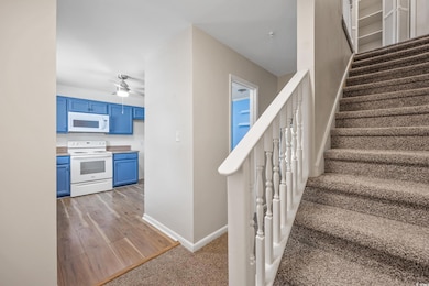 Stairs featuring baseboards, ceiling fan, carpet f