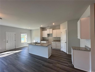 Kitchen with dark stone countertops, an island with sink, dark wood-style flooring, a sink, and white cabinets