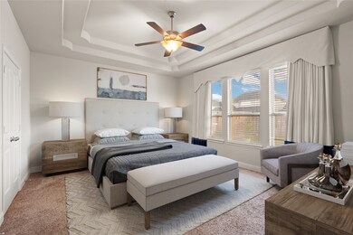 Come and unwind after a long day in this magnificent primary suite! This spacious room features plush carpet, warm paint, high ceilings, ceiling fan with lighting and large windows with privacy blinds.
