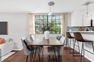 Dining area with plenty of natural light, dark wo