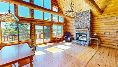 Living room with high vaulted ceiling, a stone fir