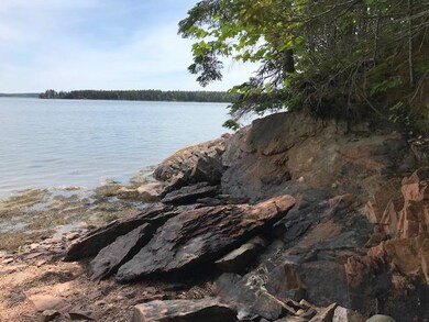 Pink granite at water's edge by steps.