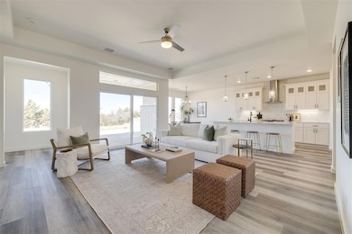 Open floor plan with waterproof and scratch resistant LVP flooring, ceiling fan, and a raised ceiling