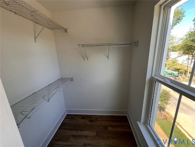 Walk in closet featuring dark wood-style floors