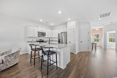 Kitchen with white cabinetry, dark wood-type floor