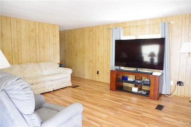 Living room featuring wood walls and wood-type flooring