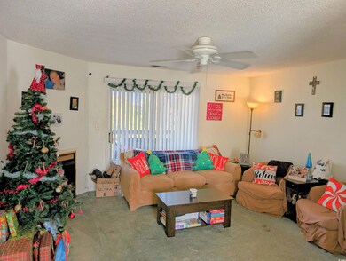 Living room with ceiling fan, a fireplace, carpet,