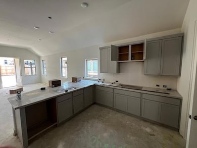 Kitchen with gray cabinetry, lofted ceiling, unfi