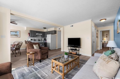 Living area with wood finished floors, a ceiling fan, and a textured ceiling